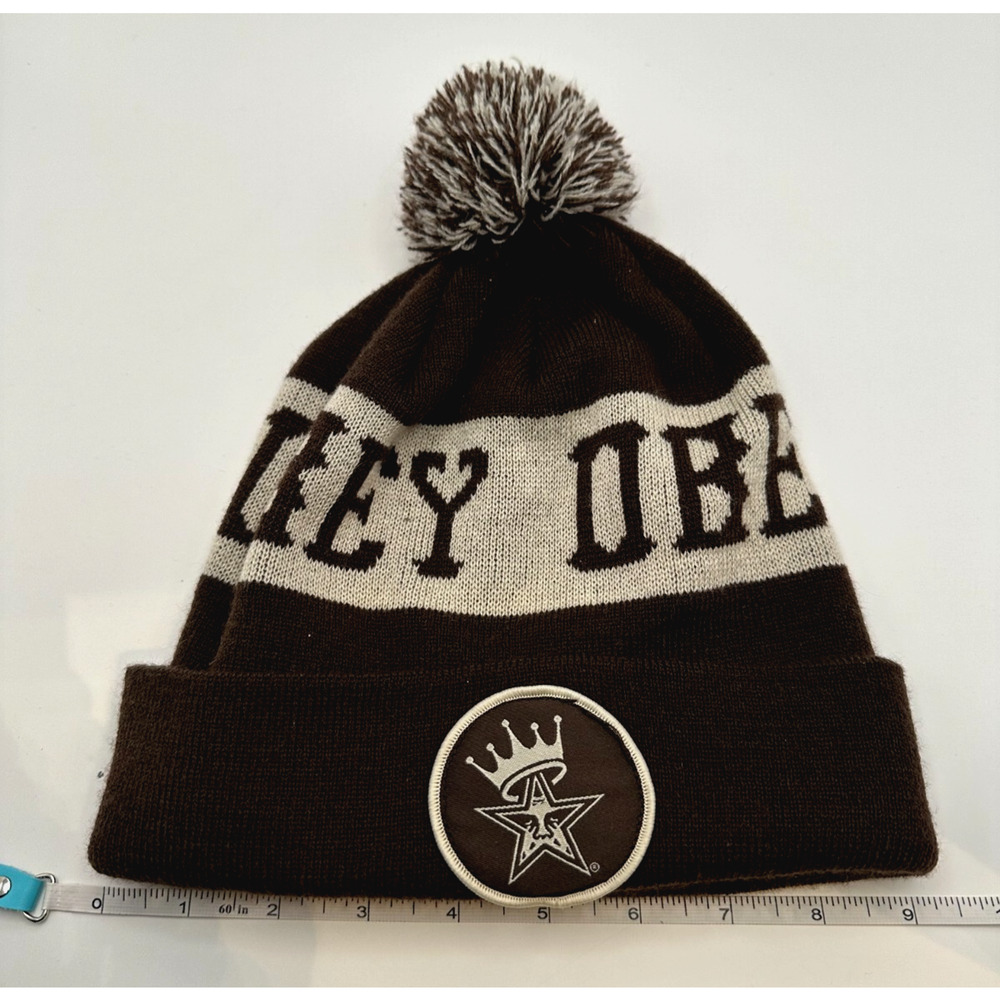 OBEY Pom Beanie Hat Brown Cream Knit Cuffed Star Crown Patch One Size